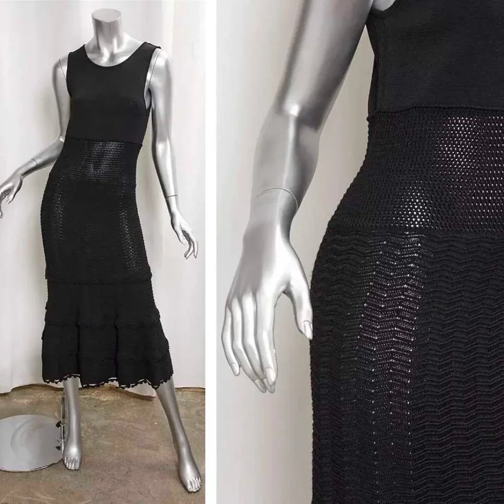 CHANEL 05P Womens Dress Black Knit Flapper Sleeveless Flared Skirt Back Button